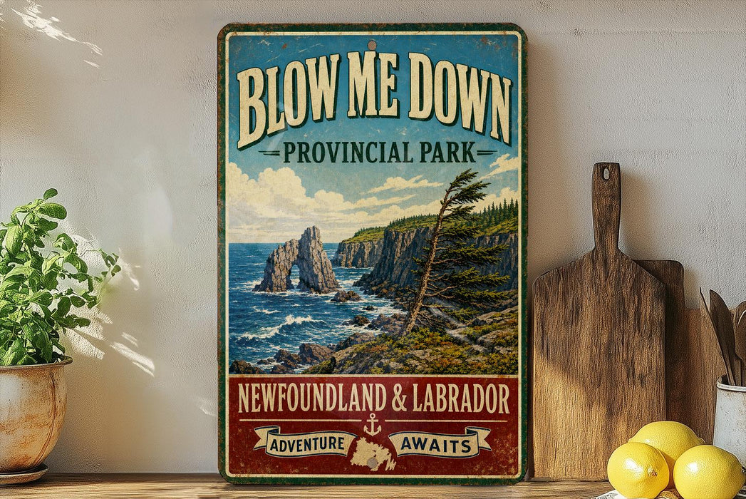 A vintage-style sign for "Blow Me Down Provincial Park" in New Brunswick, Canada, featuring a scenic coastal landscape with rocky cliffs, pine trees, and the ocean.