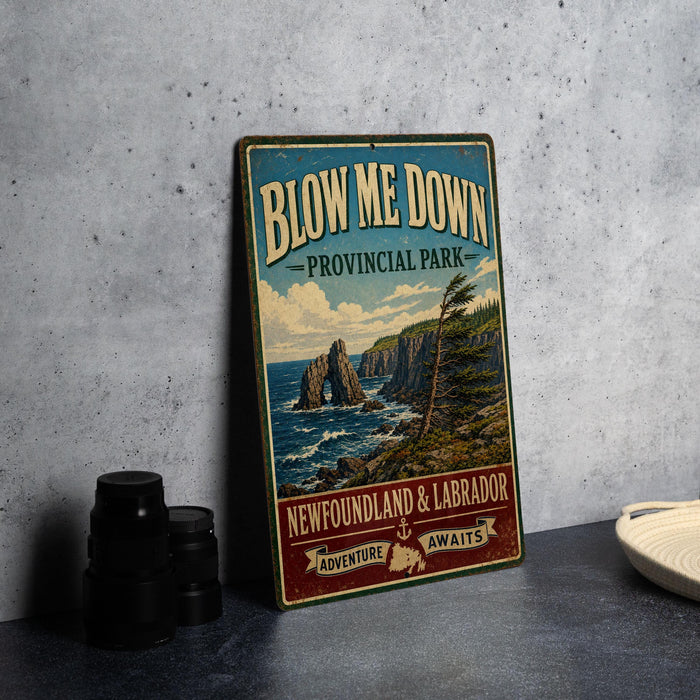 A vintage-style metal sign with the text "BLOW ME DOWN PROVINCIAL PARK" and "NEWFOUNDLAND & LABRADOR" is displayed on a gray wall, accompanied by a stack of black camera lenses and a white dish.