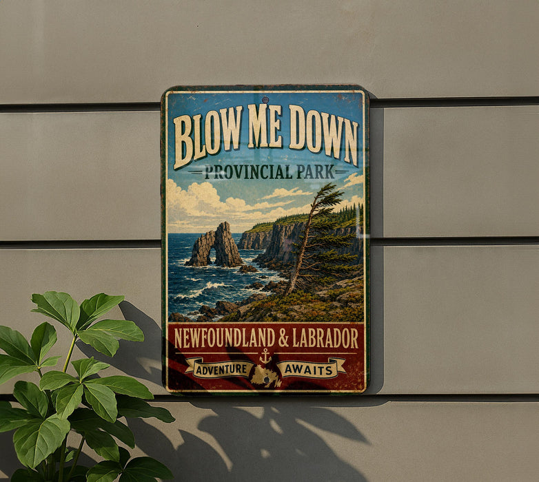 A vintage-style sign for "Blow Me Down" in thePROVINCIAL PARK of New Brunswick, Canada, advertising "Newfoundland & Labrador" and "Adventure Awaits".