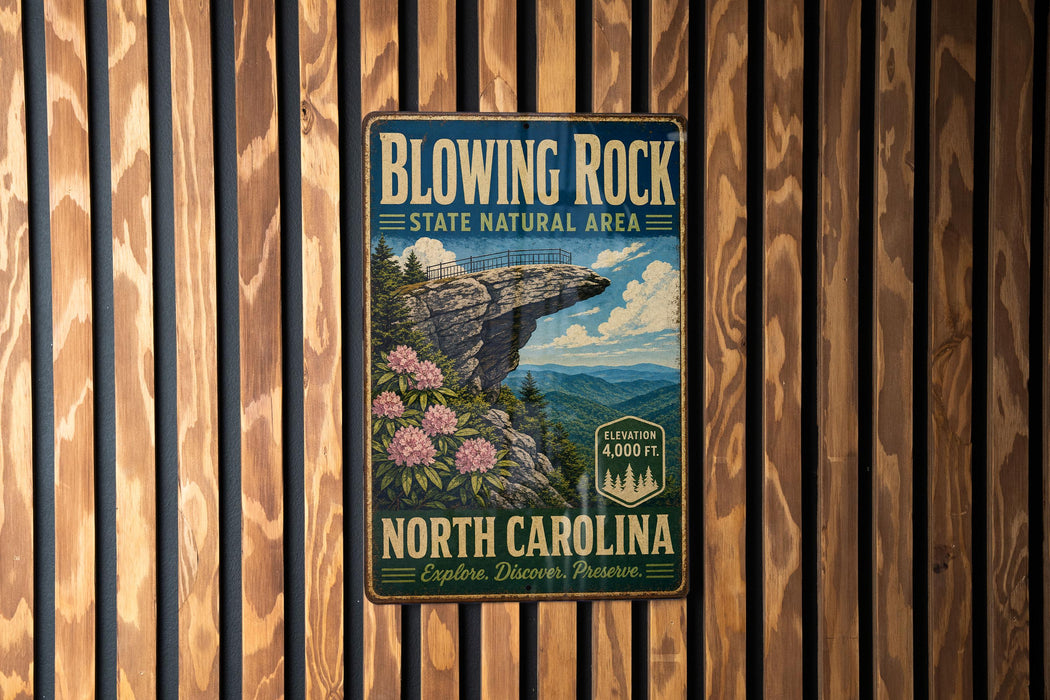 A vintage-style metal sign for Blowing Rock State Natural Area in North Carolina, featuring a scenic illustration of a cliff with a rocky outcropping and wildflowers.