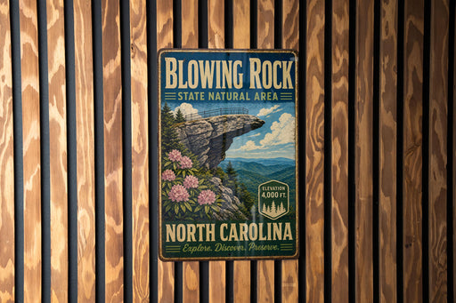A vintage-style metal sign for Blowing Rock State Natural Area in North Carolina, featuring a scenic illustration of a cliff with a rocky outcropping and wildflowers.