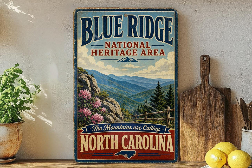 A vintage-style sign for the Blue Ridge National Heritage Area in North Carolina, featuring a scenic mountain landscape with pine trees and pink flowers.