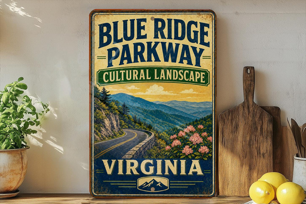A vintage-style sign for Blue Ridge Parkway, featuring a scenic mountain landscape with a winding road and flowers, is displayed on a shelf next to a wooden cutting board and some lemons.