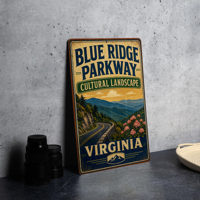 A vintage-style sign for Blue Ridge Parkway, featuring a scenic mountain landscape with a winding road and flowers, is displayed on a gray countertop next to some black camera lenses.