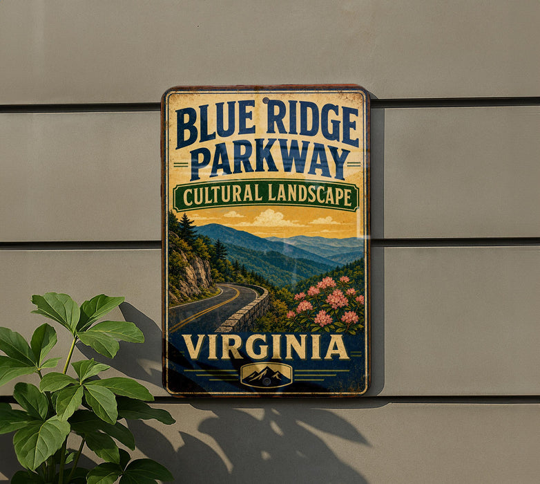 A vintage-style sign for the Blue Ridge Parkway in Virginia, featuring a scenic mountain landscape with a winding road and colorful flowers.