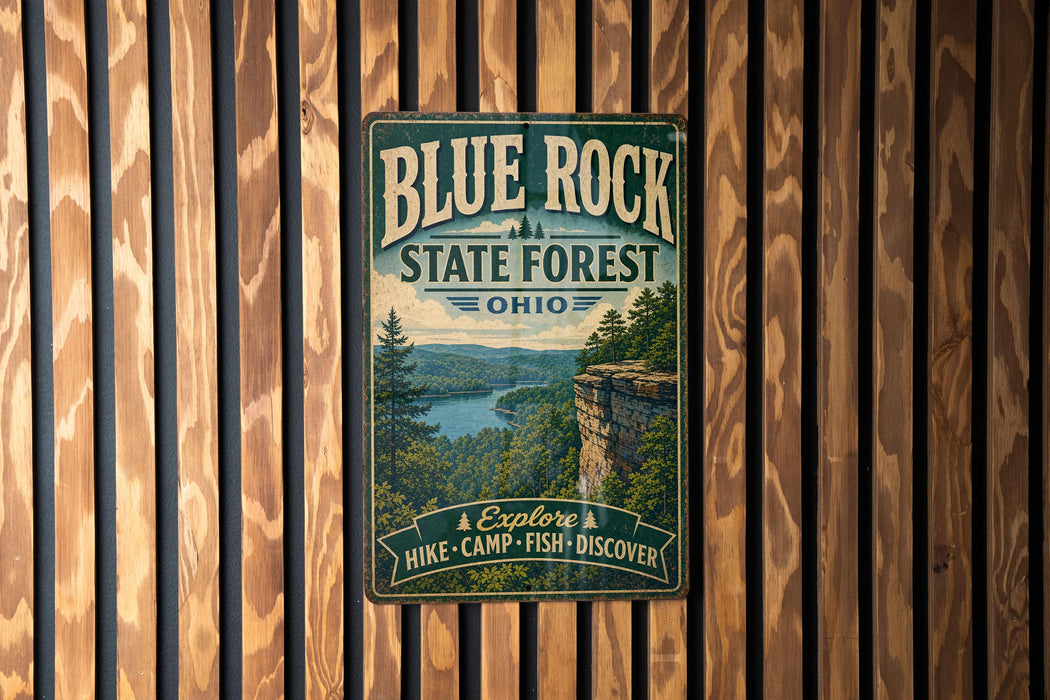 A vintage-style metal sign for the Blue Rock State Forest in Ohio, featuring a scenic image of a forest and a lake.