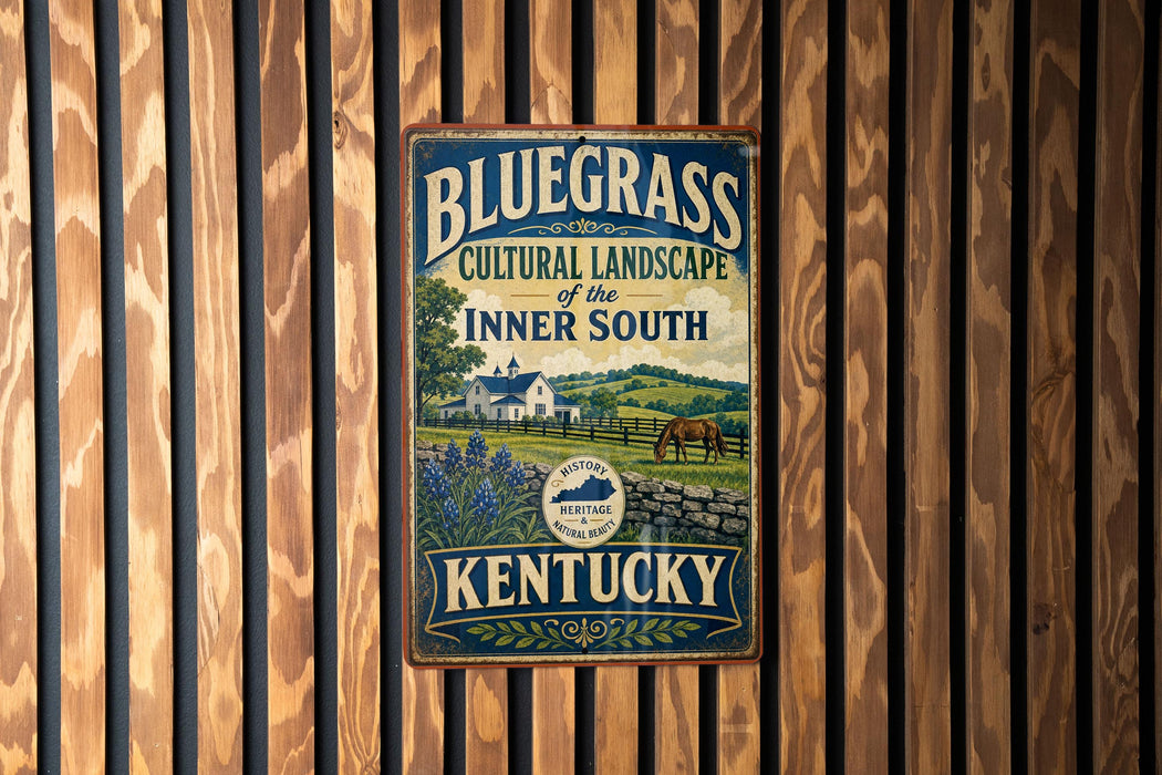 A vintage-style metal sign with the text "BLUEGRASS CULTURAL LANDSCAPE OF THE INNER SOUTH KENTUCKY" displayed on a wooden wall.