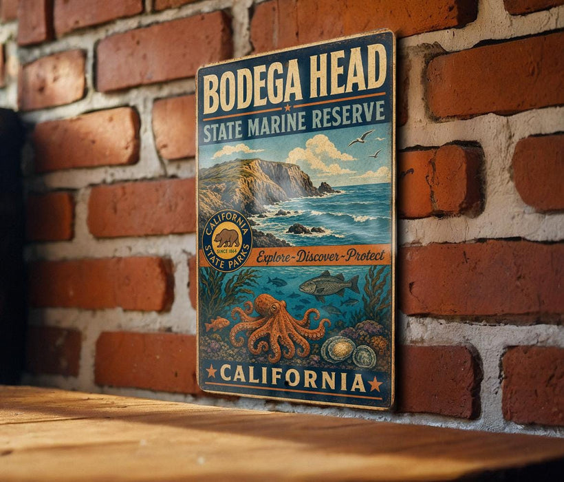 A vintage-style metal sign for the Bodegra Head State Marine Reserve in California, featuring an illustration of a rocky coastline, ocean, and marine life.