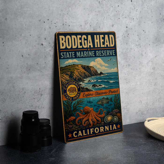 A vintage-style sign for BodEGA Head State Marine Reserve in California, featuring an illustration of a rocky coastline, ocean, and marine life.