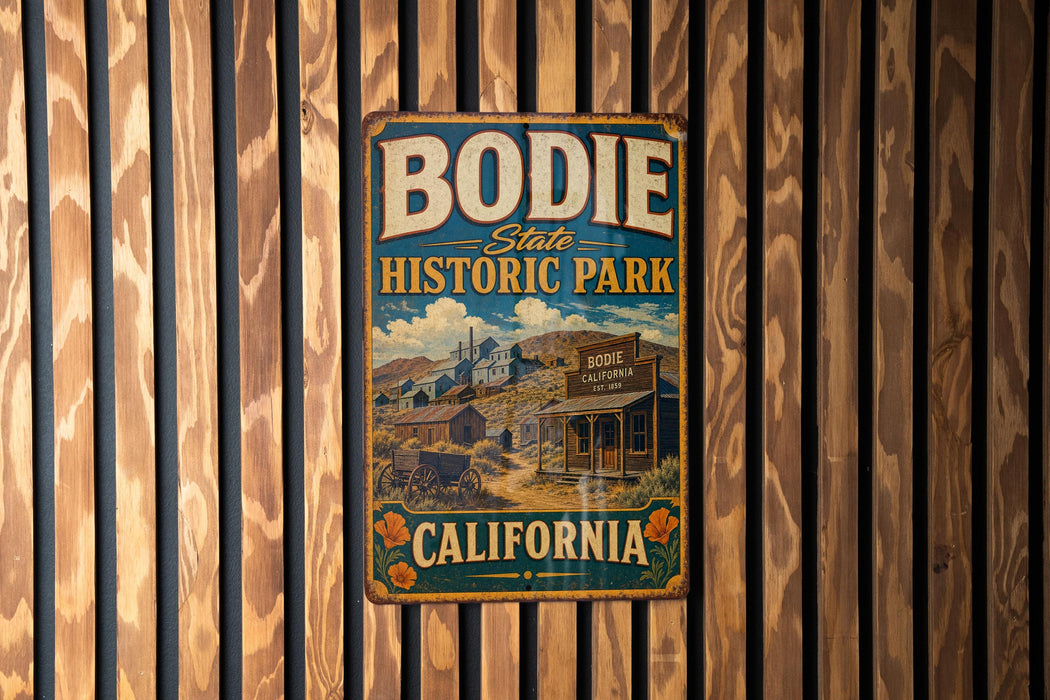 A vintage-style metal sign for Bodie State Historic Park in California, featuring an illustration of a small building and a horse-drawn carriage.