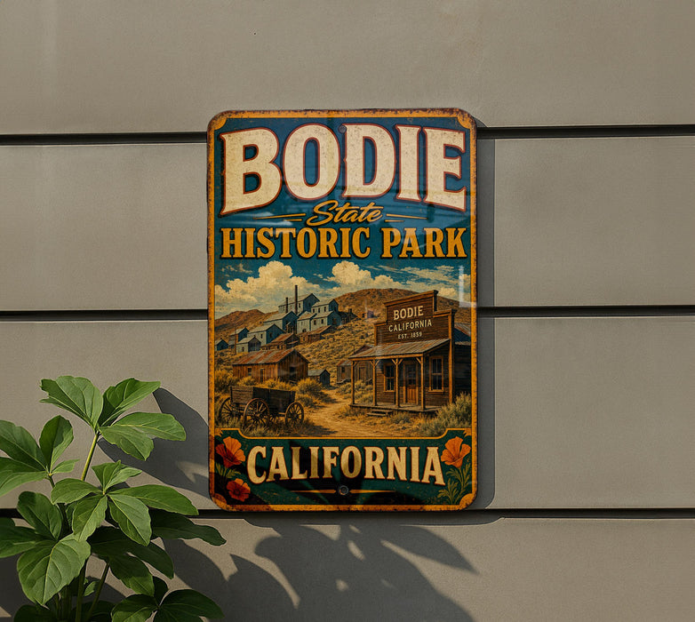 A vintage-style metal sign for Bodie State Historic Park in California, featuring an illustration of a small town and a sign that reads "California".