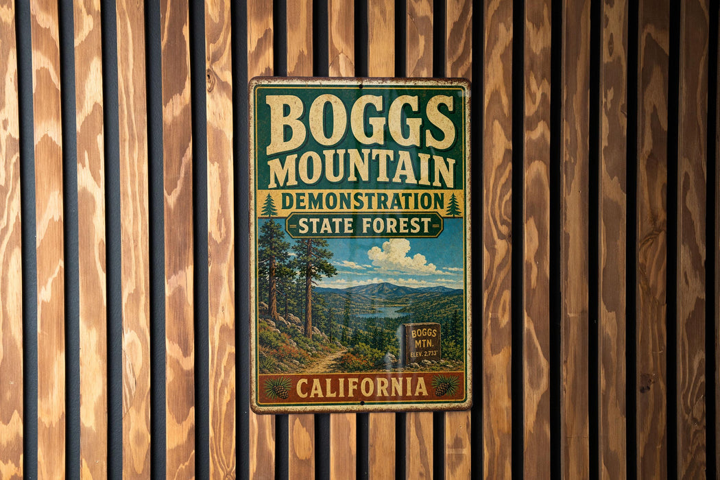 A vintage metal sign for Boggs Mountain, a demonstration state forest in California, is displayed on a wooden wall.