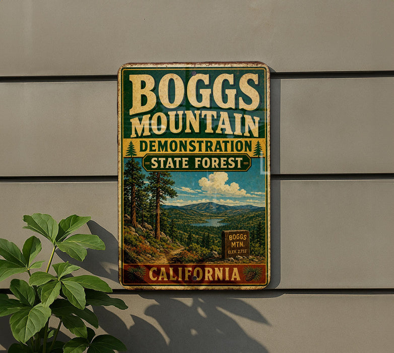 A vintage metal sign for Boggs Mountain, a demonstration state forest in California, featuring a scenic landscape with mountains, forests, and a lake.