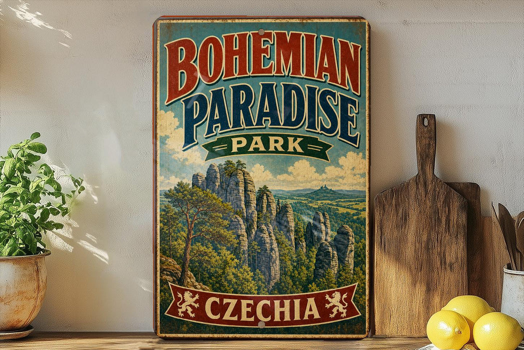 A vintage-style sign for Bohemian Paradise Park in Czechia, featuring a scenic landscape with mountains and trees.