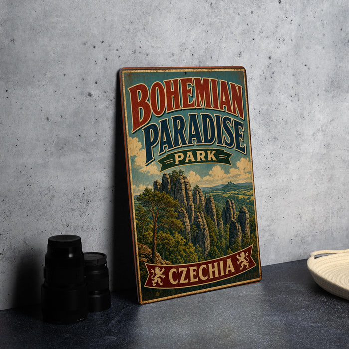 A vintage-style sign for Bohemian Paradise Park in Czechia, featuring a scenic landscape with mountains and trees.