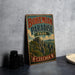 A vintage-style sign for Bohemian Paradise Park in Czechia, featuring a scenic landscape with mountains and trees.