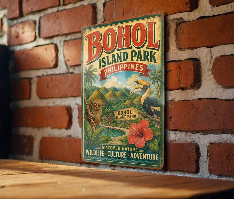 A vintage-style metal sign for BOHOL ISLAND PARK, Philippines, featuring an illustration of a bird, palm trees, and mountains, along with the text "BOHOL ISLAND PARK PHILIPPINES" and "DISCOVER NATURE WILDLIFE CULTURE ADVENTURE".