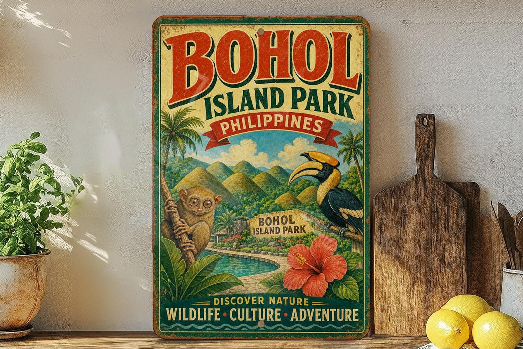 A vintage-style poster advertising BOHOL ISLAND PARK, featuring a tropical landscape with a bird, palm trees, and a waterfall.
