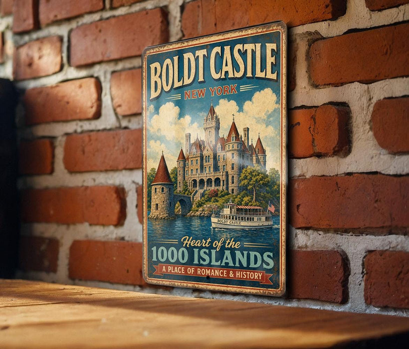 A vintage metal sign for the Boldt Castle in New York, featuring an illustration of the castle and a boat on the water.