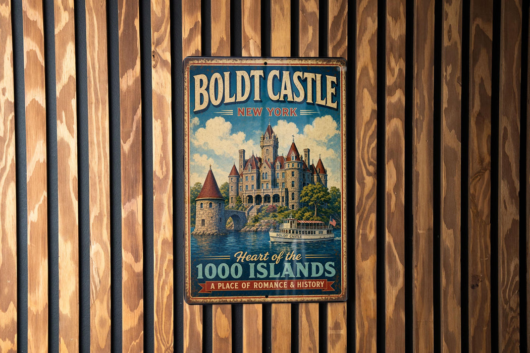 A vintage metal sign for Boldt Castle, New York, featuring a castle illustration and the text "Heart of the 1000 Islands" and "A Place of Romance & History".