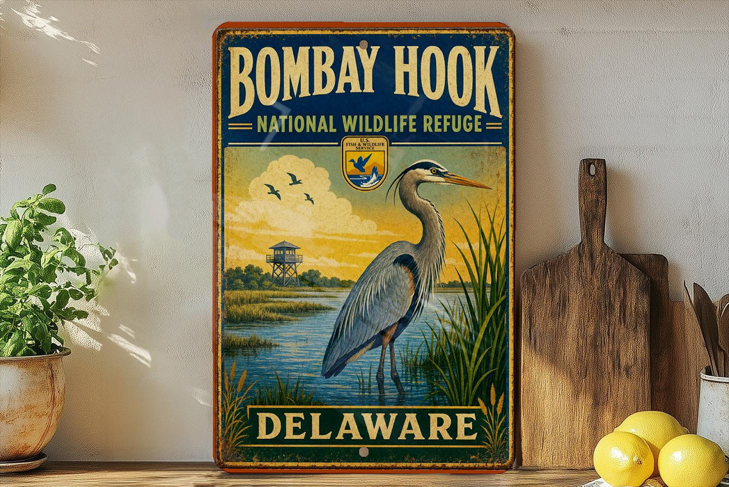 A vintage-style metal sign for the Bombay Hook National Wildlife Refuge in Delaware, featuring an illustration of a heron and a lighthouse.