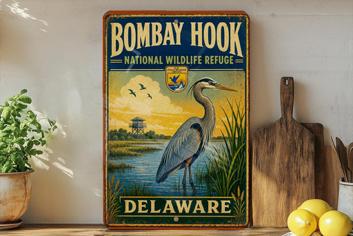 A vintage-style metal sign for the Bombay Hook National Wildlife Refuge in Delaware, featuring an illustration of a heron and a lighthouse.