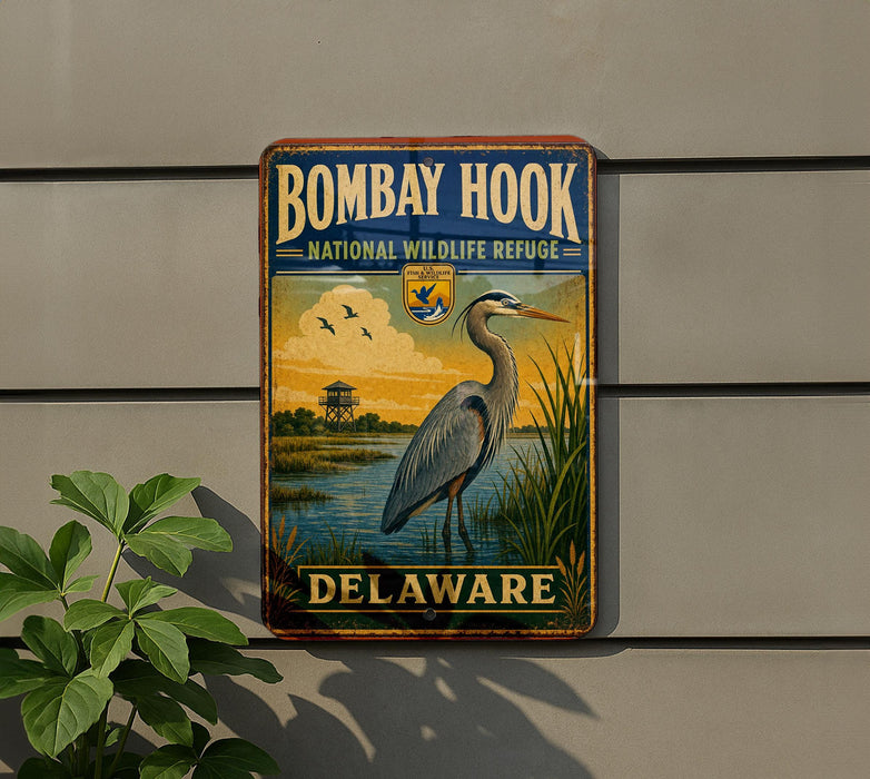 A vintage-style metal sign for the Bombay Hook National Wildlife Refuge in Delaware, featuring an illustration of a heron in a grassy area with a body of water.