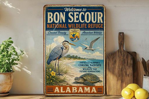 a vintage-style sign for the Bon Secour National Wildlife Refuge in Alabama, with illustrations of birds and a turtle.