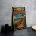 A vintage-style metal sign for the Bonneville Shoreline Trail in Utah, featuring a scenic mountain landscape and a trail leading through the area.