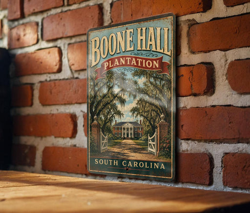 A vintage-style metal sign for Boone Hall Plantation in South Carolina, featuring a brick wall and a wooden table in the background.