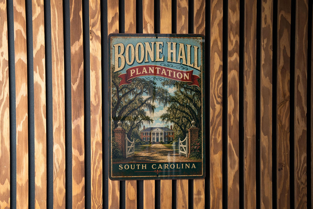 A vintage-style metal sign for Boone Hall Plantation in South Carolina, featuring a large illustration of a plantation with a house and palm trees.