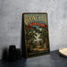 A vintage-style metal sign for Boone Hall Plantation in South Carolina, featuring a large illustration of a house surrounded by palm trees.