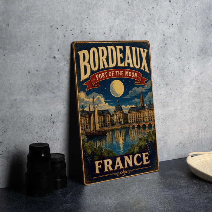 A vintage-style metal sign with the text "Bordeaux Port of the Moon" and "France" printed on it, featuring an illustration of a cityscape with a moon and a boat.
