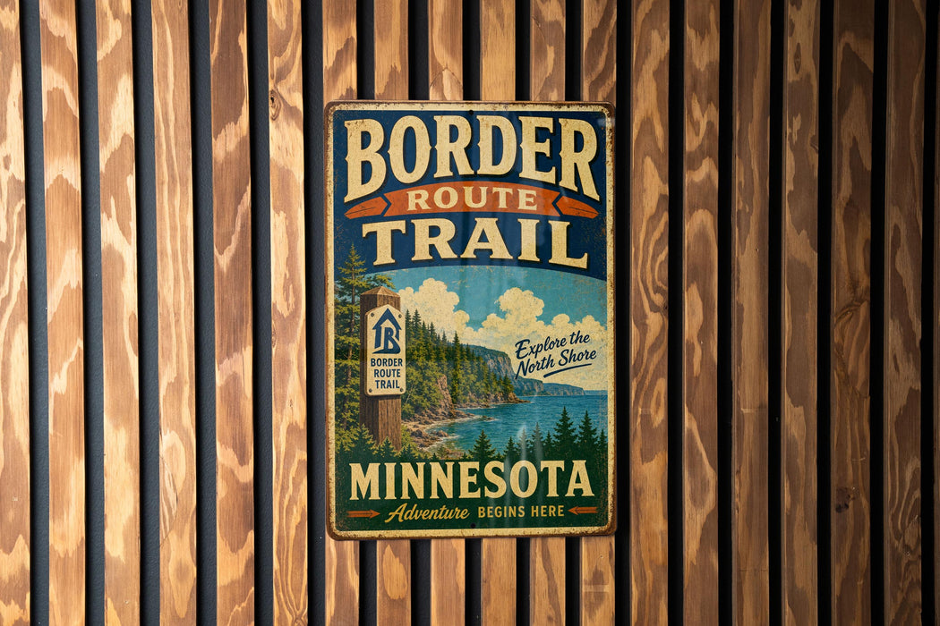 A vintage metal sign for the Border Route Trail in Minnesota, featuring a scenic image of a forest and a river.