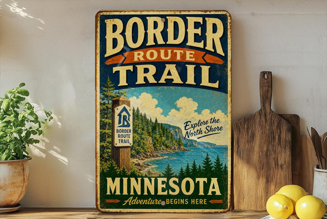 A vintage-style metal sign for the Border Route Trail in Minnesota, featuring a scenic image of a forest and a lake.