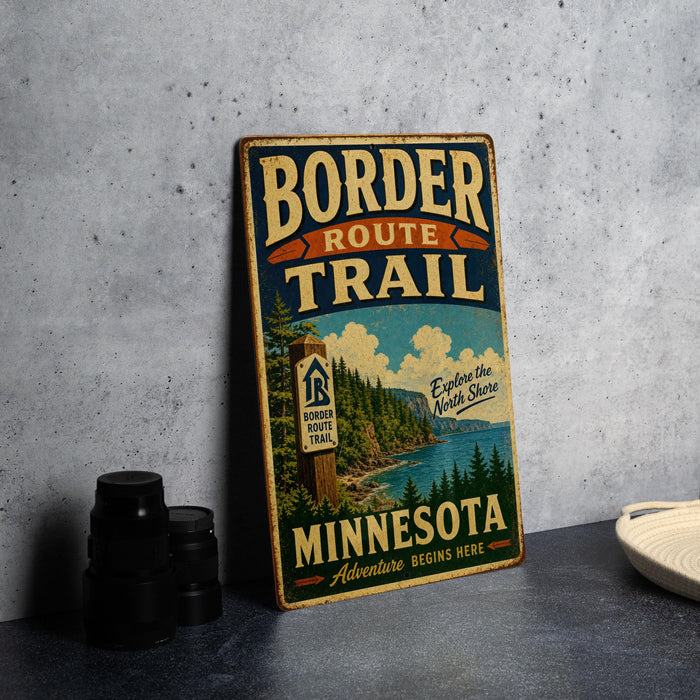 A vintage metal sign for the Border Route Trail in Minnesota, featuring a scenic illustration of a forest and a lake.
