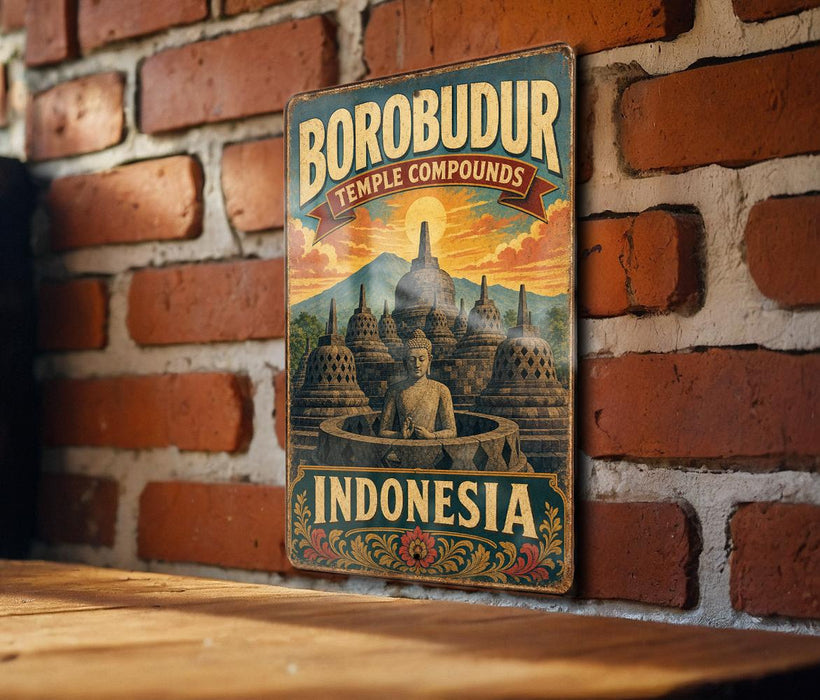 A vintage-style metal sign with the text "BOROBUDUR TEMPLE COMPOUNDS INDONESIA" is displayed on a brick wall.