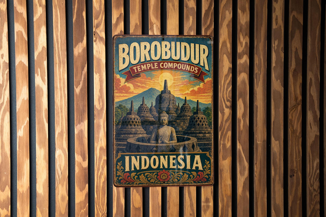 A vintage metal sign with the text "BOROBUDUR TEMPLE COMPOUNDS INDONESIA" and an illustration of a temple with a Buddha statue.
