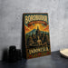 A vintage-style metal sign with the text "BOROBUDUR TEMPLE COMPOUNDS INDONESIA" and an illustration of a temple, likely representing Borobudur, a famous Buddhist temple in Indonesia.