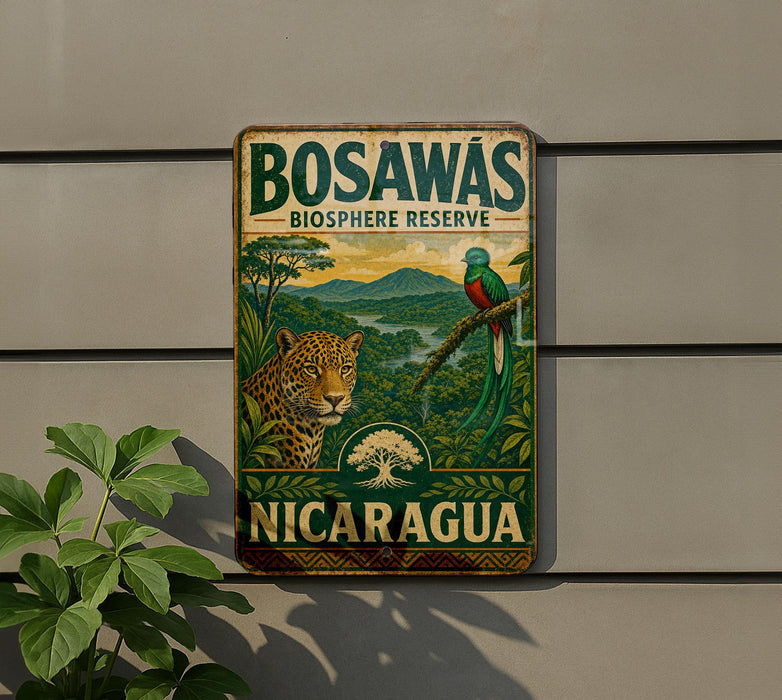 a vintage-style sign for the Bosawas Biosphere Reserve in Nicaragua, depicting a leopard and a bird in a lush, tropical landscape.