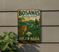 a vintage-style sign for the Bosawas Biosphere Reserve in Nicaragua, depicting a leopard and a bird in a lush, tropical landscape.