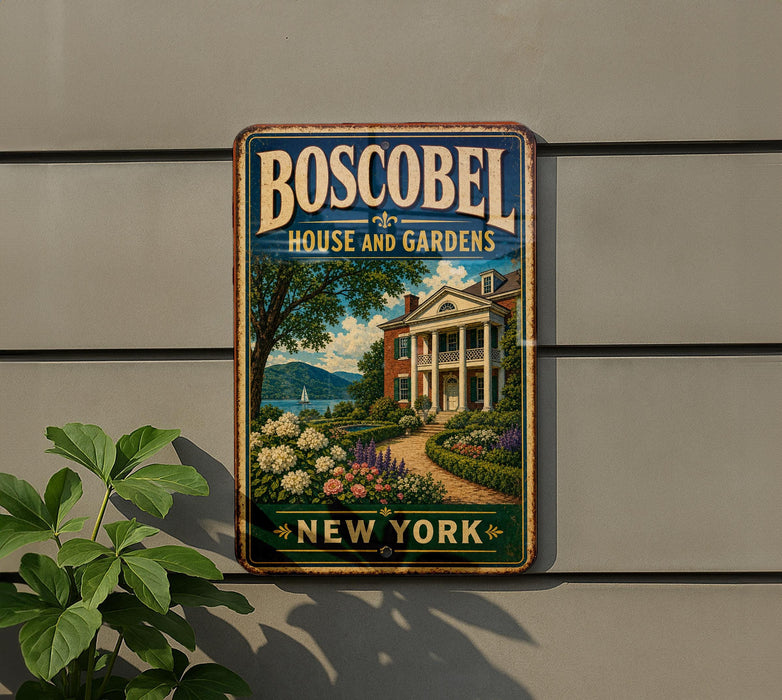 A vintage-style metal sign for the Boscobel House and Gardens in New York, featuring a painting of a house surrounded by a garden and a body of water.