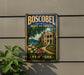 A vintage-style metal sign for the Boscobel House and Gardens in New York, featuring a painting of a house surrounded by a garden and a body of water.