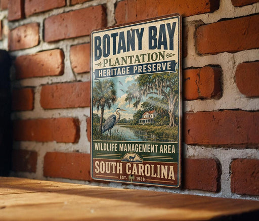 A vintage-style metal sign for Botany Bay Plantation Heritage Preserve, featuring a scenic illustration of a coastal landscape with palm trees and a bird.