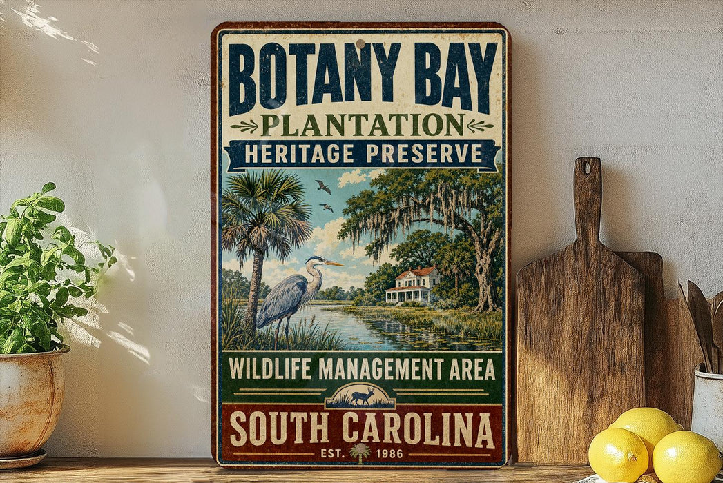 A vintage-style metal sign for Botany Bay Plantation, Heritage Preserve, and Wildlife Management Area in South Carolina, featuring a scenic illustration of a bird and palm trees.