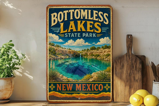A vintage-style sign for Bottomless Lakes State Park in New Mexico, featuring a scenic landscape with a lake and mountains.