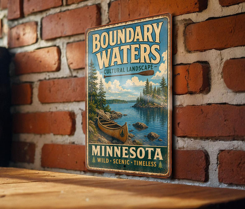 A vintage-style metal sign with a canoe and a scenic landscape of a lake and mountains, mounted on a brick wall.