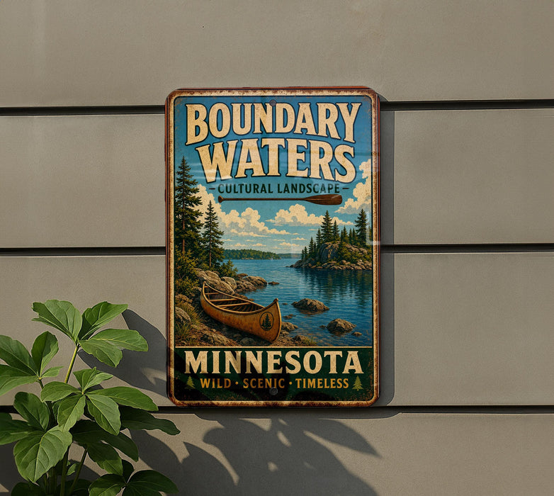 A vintage-style metal sign advertising Boundary Waters, a cultural landscape in Minnesota, featuring a canoe on a lake surrounded by pine trees.
