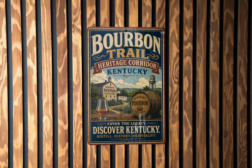 A vintage-style metal sign for the Bourbon Trail in Kentucky, featuring an illustration of a bourbon distillery and barrels.