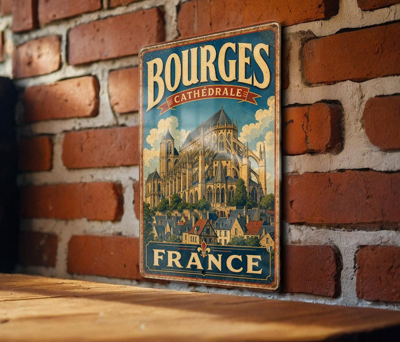 A vintage metal sign with the text "BOURGES CATHEDRAL FRANCE" is displayed on a brick wall.